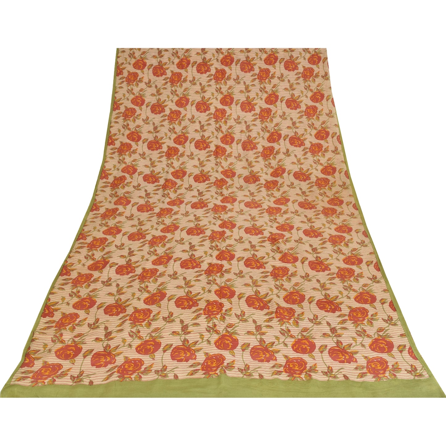 Sanskriti Vintage Sarees Ivory Pure Crepe Silk Printed Sari 5+yd Craft Fabric