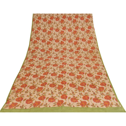 Sanskriti Vintage Sarees Ivory Pure Crepe Silk Printed Sari 5+yd Craft Fabric