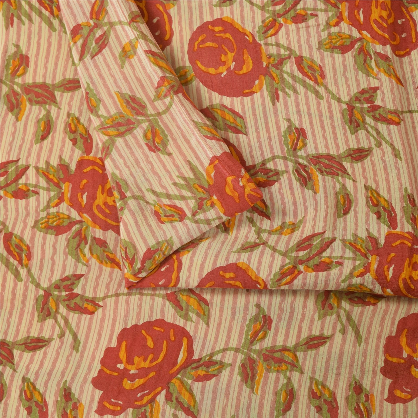 Sanskriti Vintage Sarees Ivory Pure Crepe Silk Printed Sari 5+yd Craft Fabric