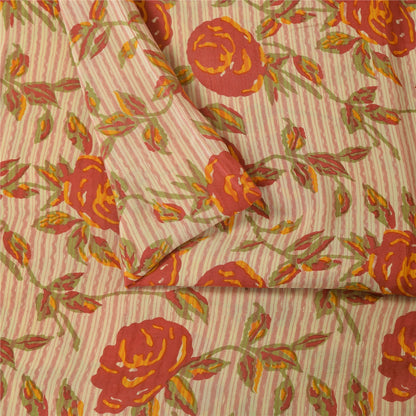 Sanskriti Vintage Sarees Ivory Pure Crepe Silk Printed Sari 5+yd Craft Fabric