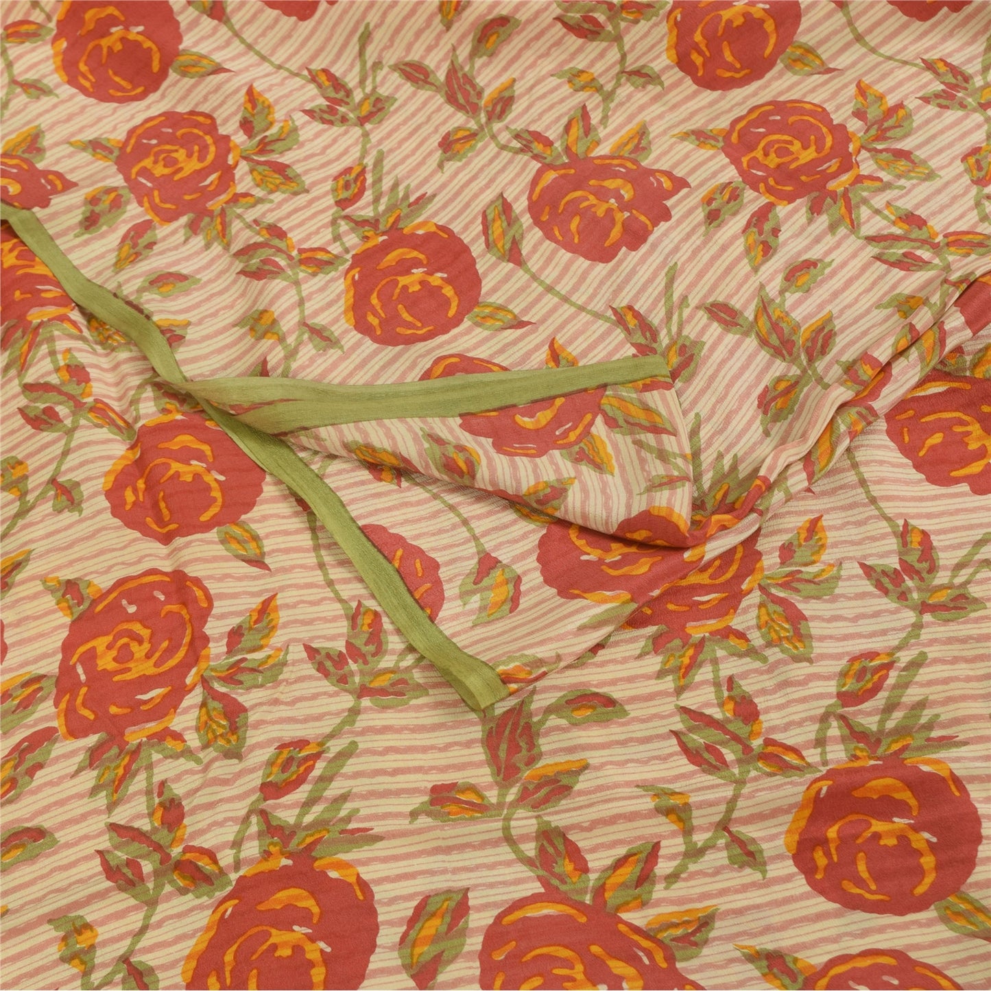 Sanskriti Vintage Sarees Ivory Pure Crepe Silk Printed Sari 5+yd Craft Fabric