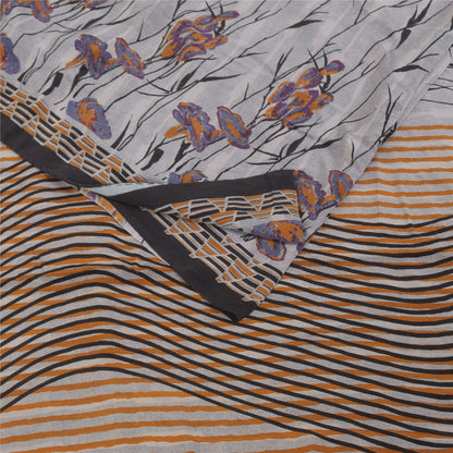 Sanskriti Vintage Sarees Gray 100%Pure Crepe Silk Printed Sari 5+yd Craft Fabric
