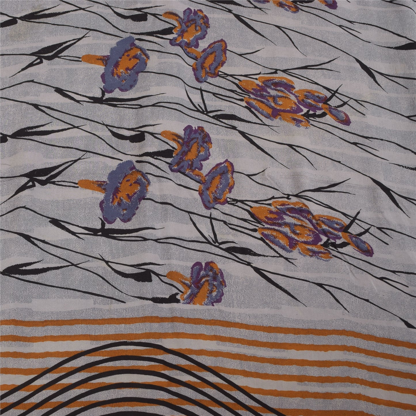 Sanskriti Vintage Sarees Gray 100%Pure Crepe Silk Printed Sari 5+yd Craft Fabric