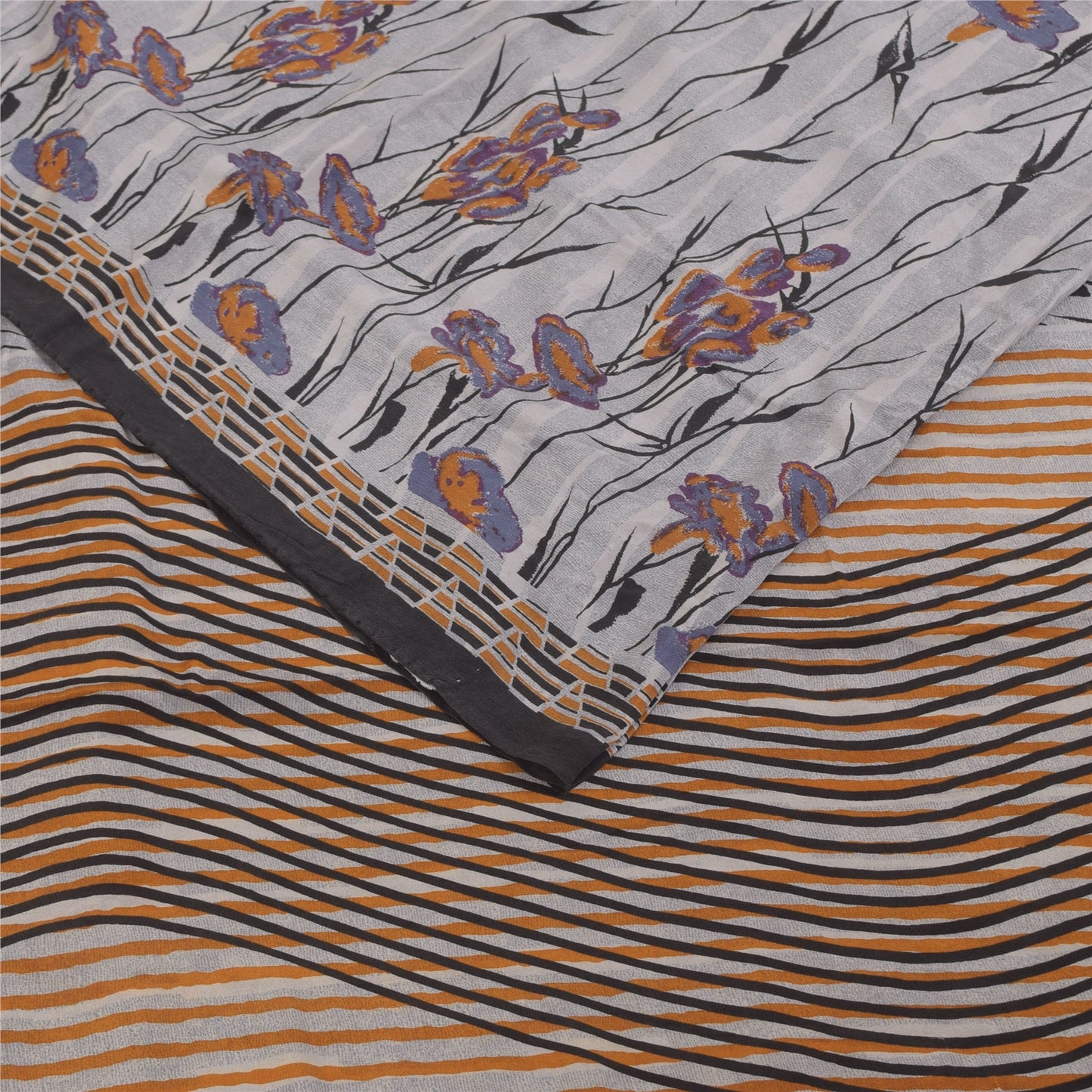 Sanskriti Vintage Sarees Gray 100%Pure Crepe Silk Printed Sari 5+yd Craft Fabric