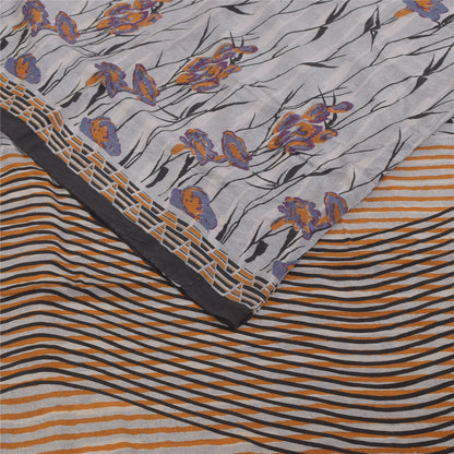 Sanskriti Vintage Sarees Gray 100%Pure Crepe Silk Printed Sari 5+yd Craft Fabric