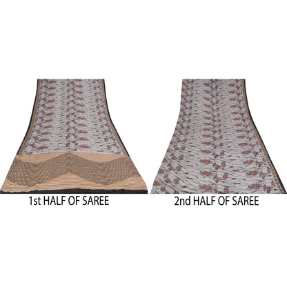 Sanskriti Vintage Sarees Gray 100%Pure Crepe Silk Printed Sari 5+yd Craft Fabric
