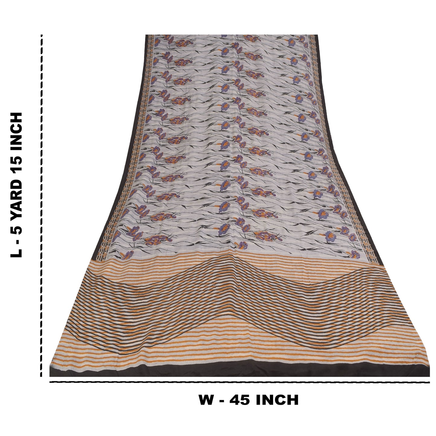 Sanskriti Vintage Sarees Gray 100%Pure Crepe Silk Printed Sari 5+yd Craft Fabric