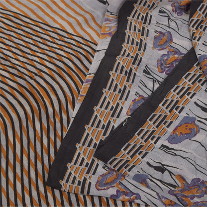 Sanskriti Vintage Sarees Gray 100%Pure Crepe Silk Printed Sari 5+yd Craft Fabric