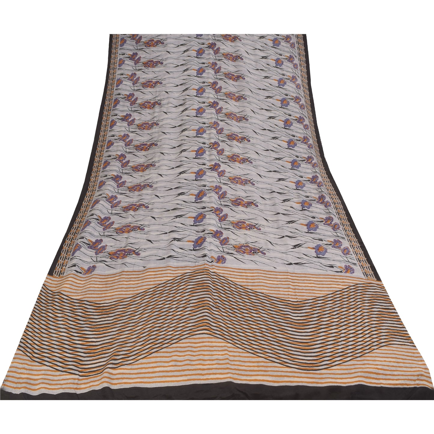 Sanskriti Vintage Sarees Gray 100%Pure Crepe Silk Printed Sari 5+yd Craft Fabric