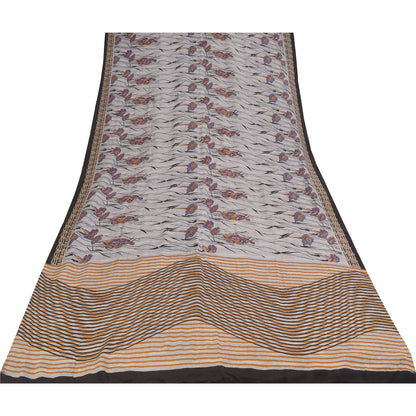 Sanskriti Vintage Sarees Gray 100%Pure Crepe Silk Printed Sari 5+yd Craft Fabric