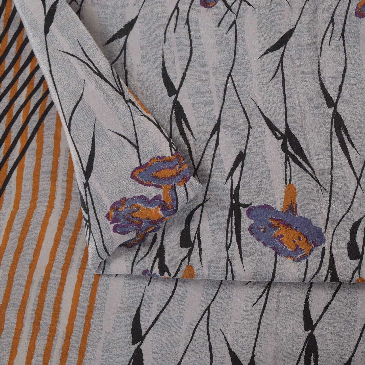 Sanskriti Vintage Sarees Gray 100%Pure Crepe Silk Printed Sari 5+yd Craft Fabric