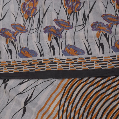 Sanskriti Vintage Sarees Gray 100%Pure Crepe Silk Printed Sari 5+yd Craft Fabric