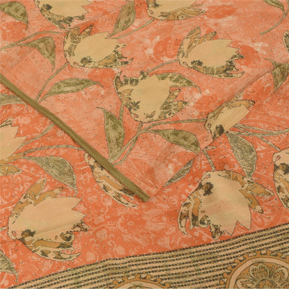 Sanskriti Vintage Sarees Peach Pure Crepe Silk Printed Sari 5+yd Craft Fabric