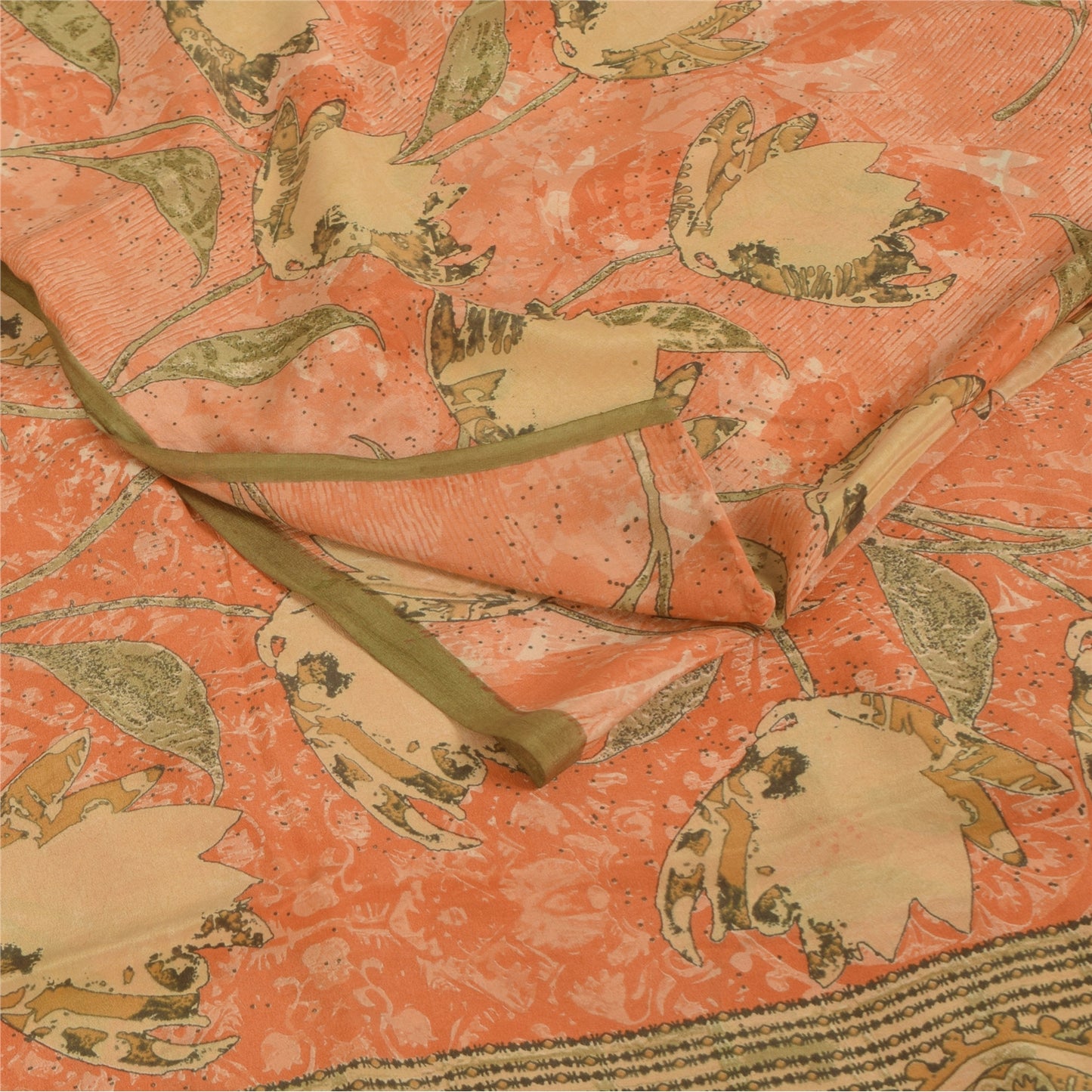 Sanskriti Vintage Sarees Peach Pure Crepe Silk Printed Sari 5+yd Craft Fabric