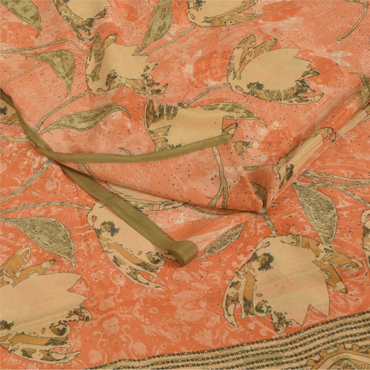 Sanskriti Vintage Sarees Peach Pure Crepe Silk Printed Sari 5+yd Craft Fabric