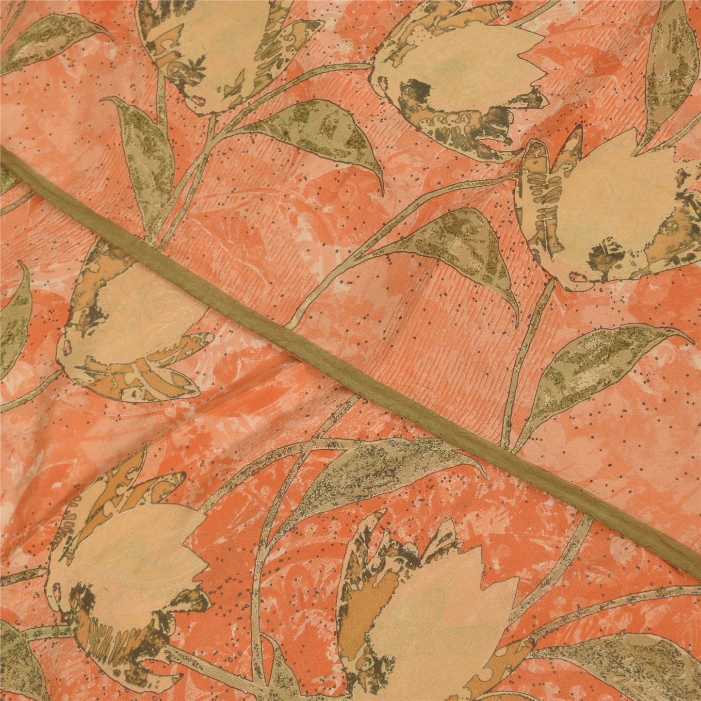 Sanskriti Vintage Sarees Peach Pure Crepe Silk Printed Sari 5+yd Craft Fabric