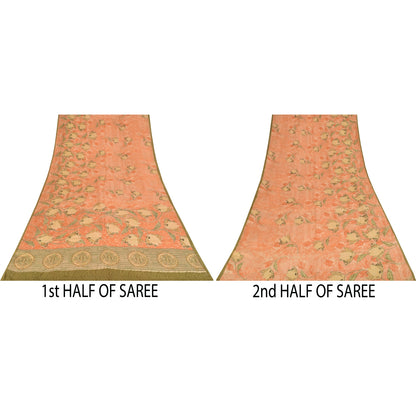 Sanskriti Vintage Sarees Peach Pure Crepe Silk Printed Sari 5+yd Craft Fabric