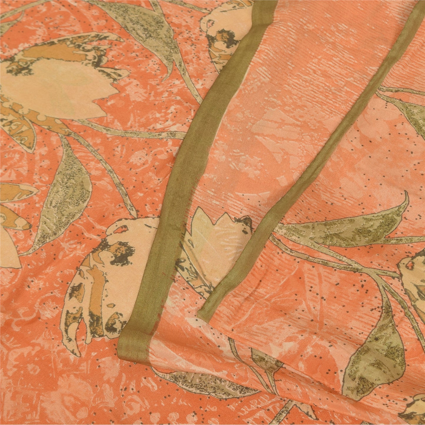 Sanskriti Vintage Sarees Peach Pure Crepe Silk Printed Sari 5+yd Craft Fabric