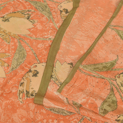 Sanskriti Vintage Sarees Peach Pure Crepe Silk Printed Sari 5+yd Craft Fabric