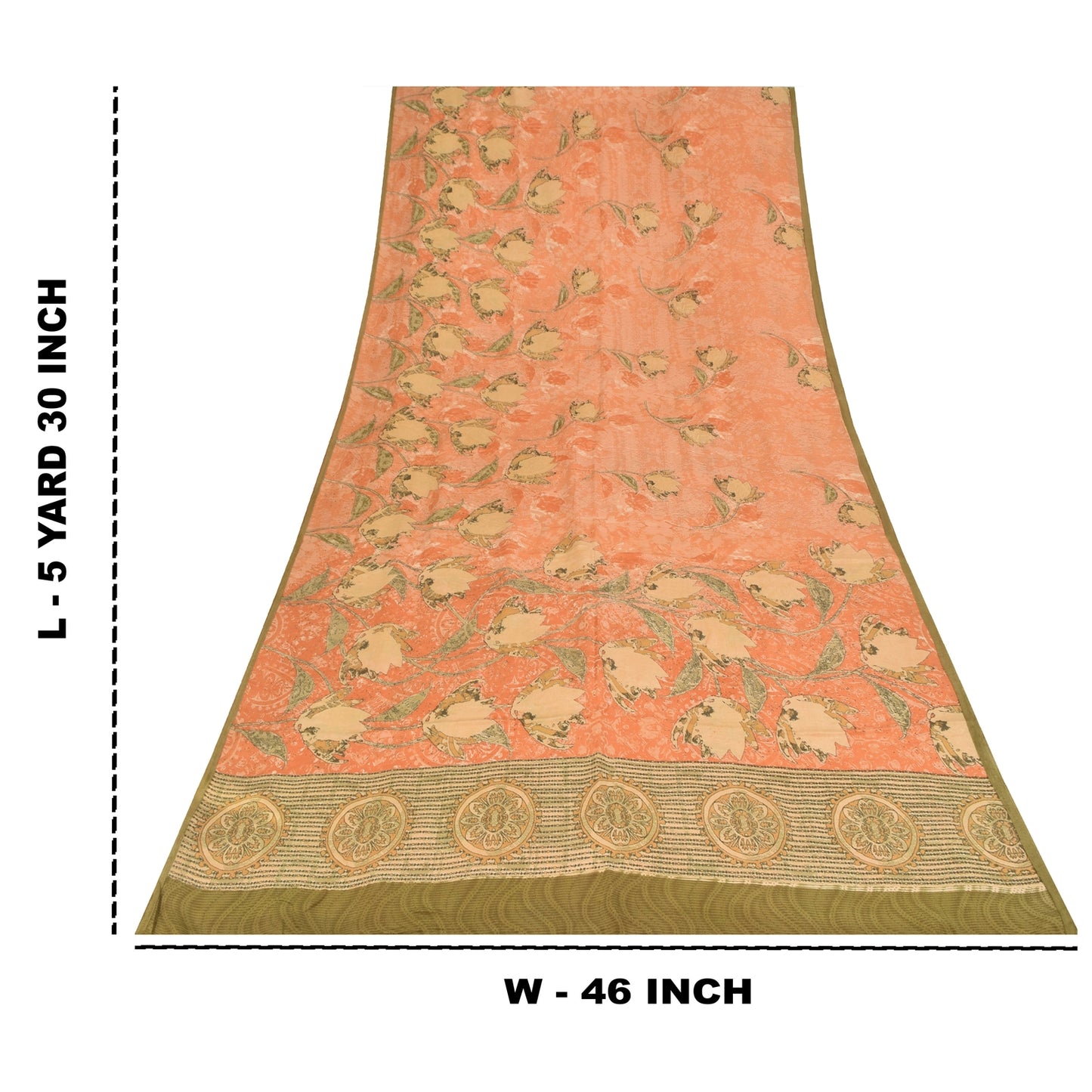 Sanskriti Vintage Sarees Peach Pure Crepe Silk Printed Sari 5+yd Craft Fabric