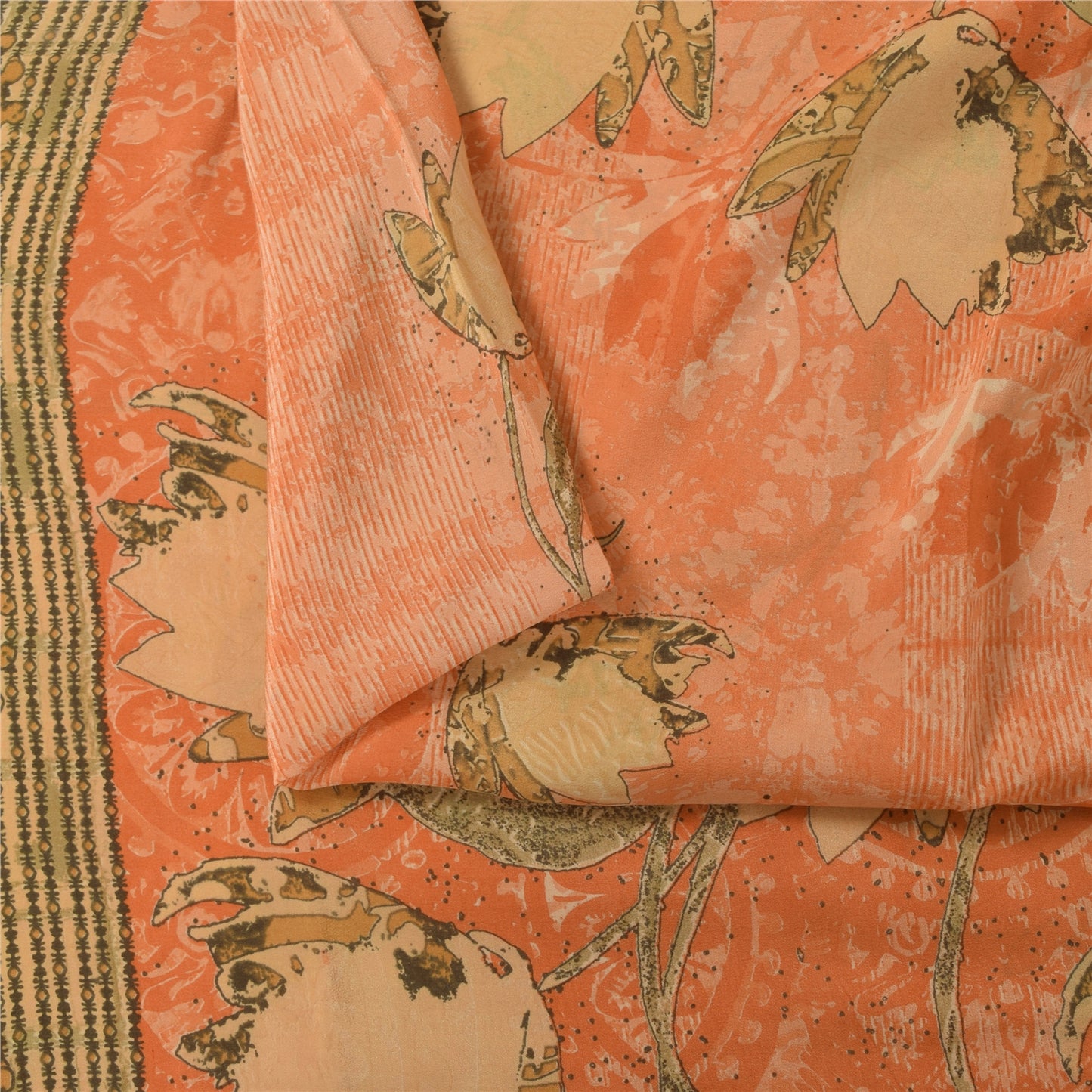 Sanskriti Vintage Sarees Peach Pure Crepe Silk Printed Sari 5+yd Craft Fabric