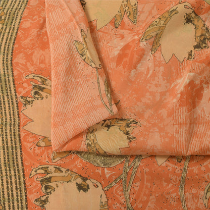 Sanskriti Vintage Sarees Peach Pure Crepe Silk Printed Sari 5+yd Craft Fabric