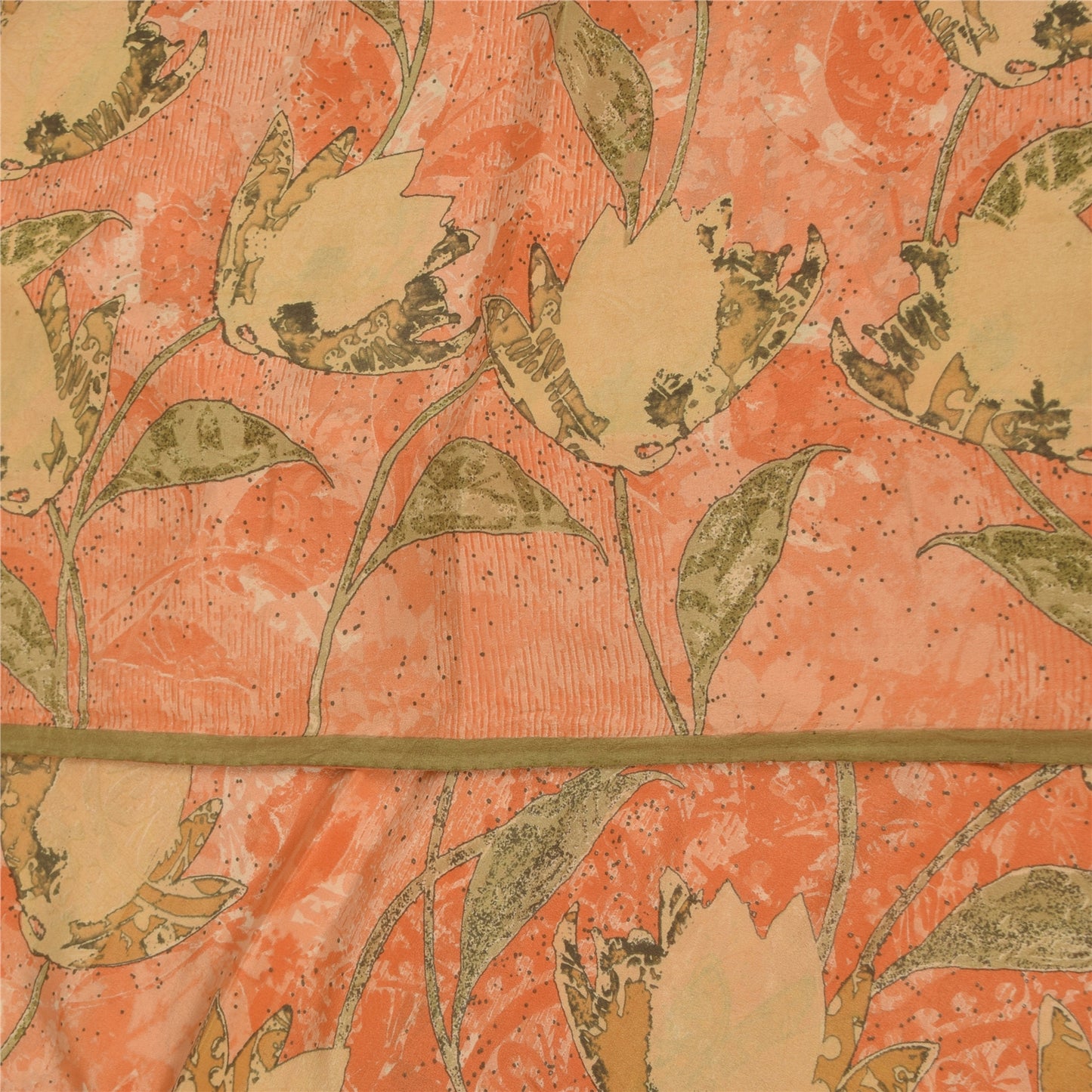 Sanskriti Vintage Sarees Peach Pure Crepe Silk Printed Sari 5+yd Craft Fabric