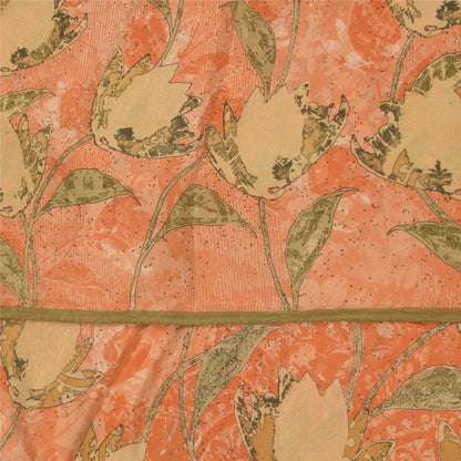 Sanskriti Vintage Sarees Peach Pure Crepe Silk Printed Sari 5+yd Craft Fabric