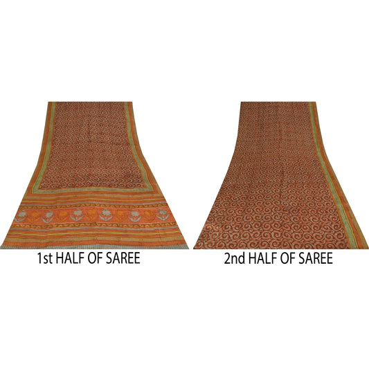 Sanskriti Vintage Sarees Multicolor Pure Crepe Silk Print Sari 5+yd Craft Fabric