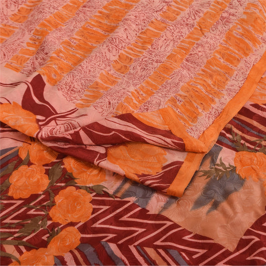 Sanskriti Vintage Sarees Red-Pink Pure Crepe Silk Printed Sari 5+yd Craft Fabric