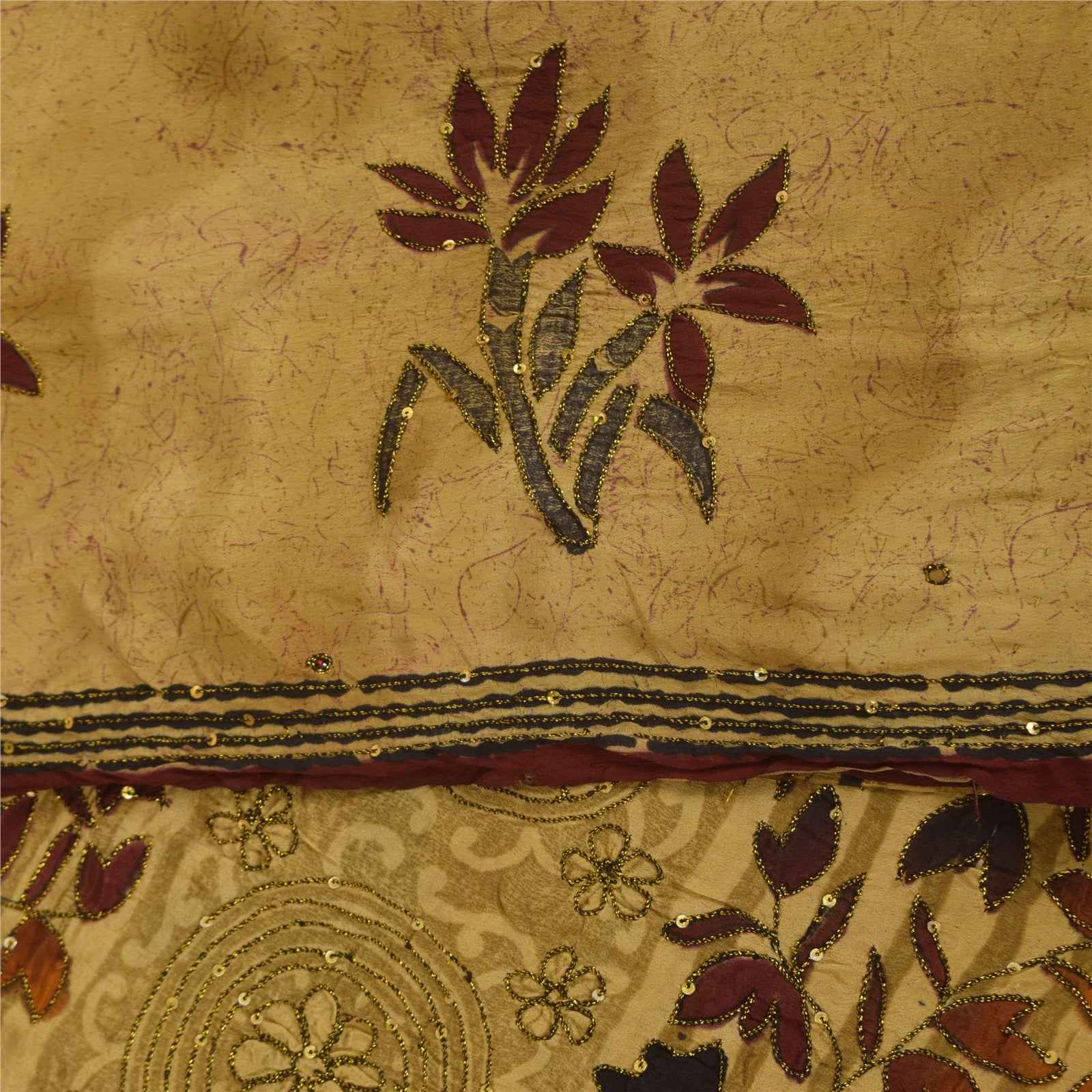 Sanskriti Vintage Sarees Beige Pure Crepe Silk Printed Sari 5+yd Craft Fabric