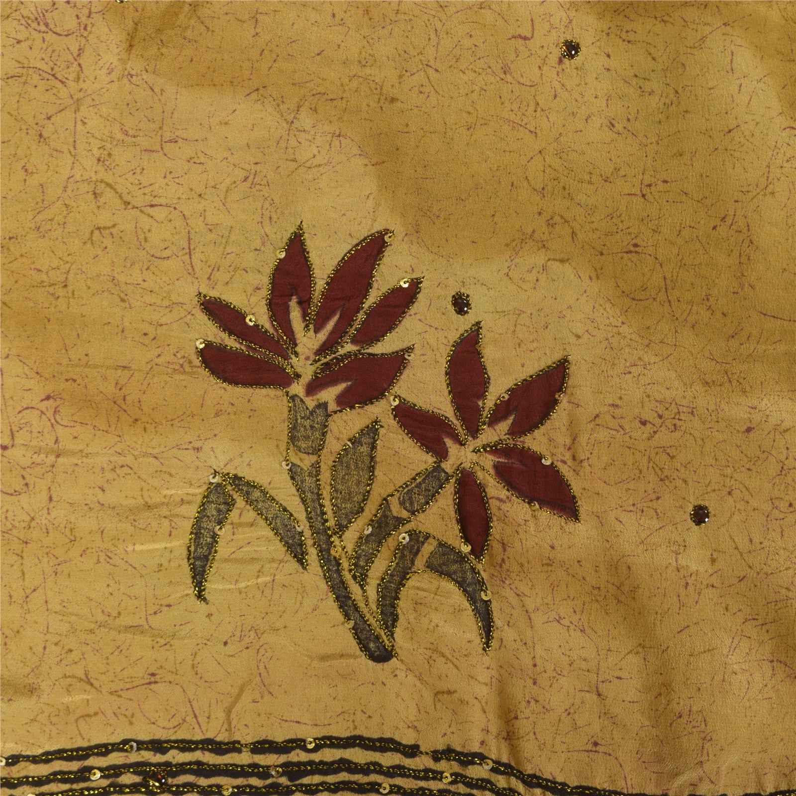 Sanskriti Vintage Sarees Beige Pure Crepe Silk Printed Sari 5+yd Craft Fabric