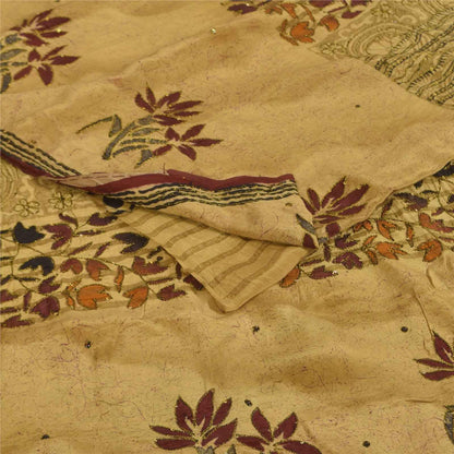 Sanskriti Vintage Sarees Beige Pure Crepe Silk Printed Sari 5+yd Craft Fabric