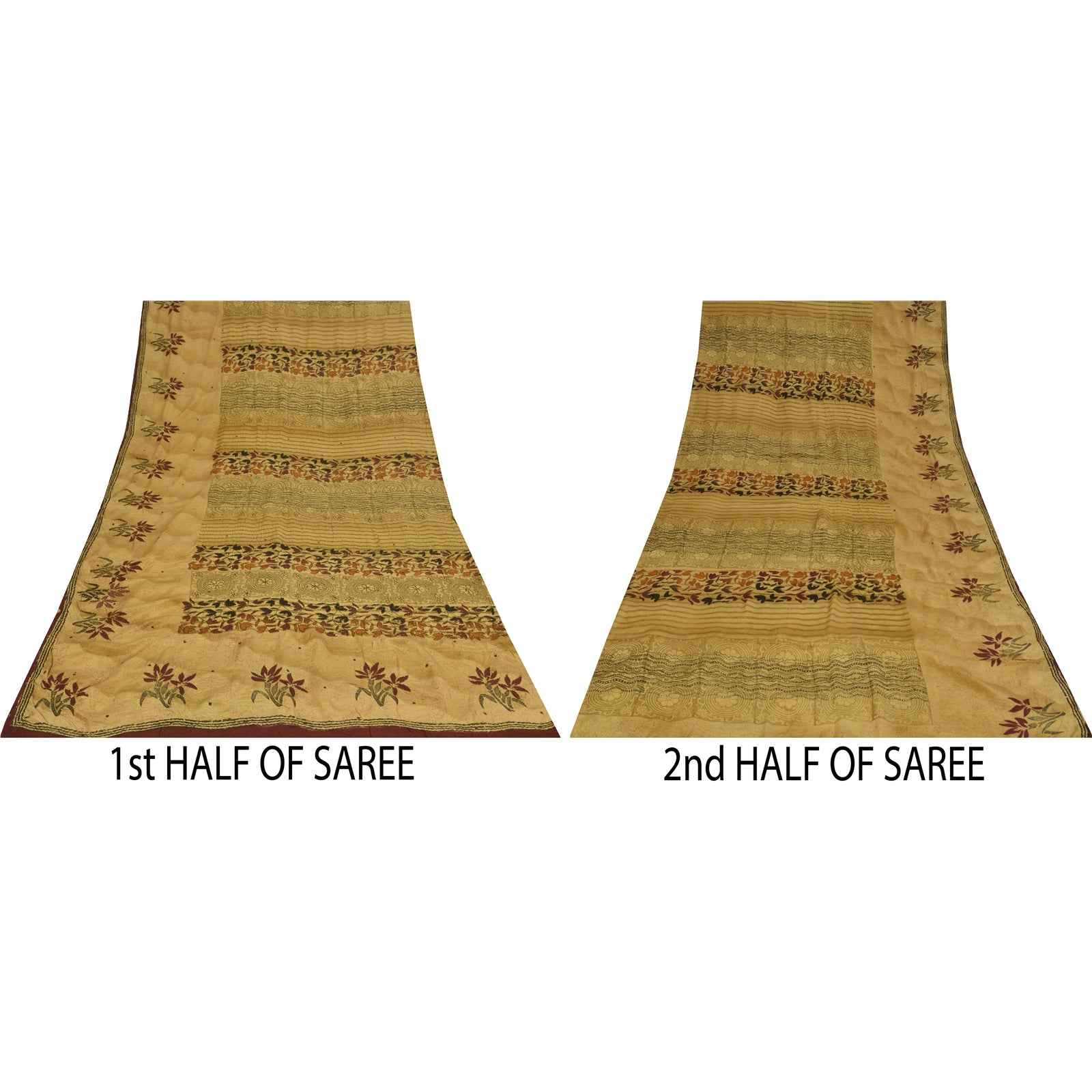 Sanskriti Vintage Sarees Beige Pure Crepe Silk Printed Sari 5+yd Craft Fabric