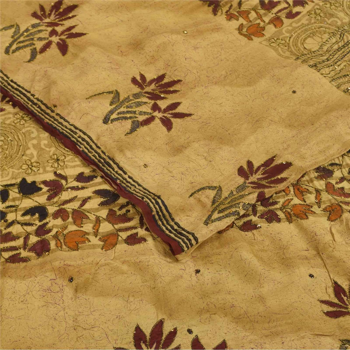 Sanskriti Vintage Sarees Beige Pure Crepe Silk Printed Sari 5+yd Craft Fabric