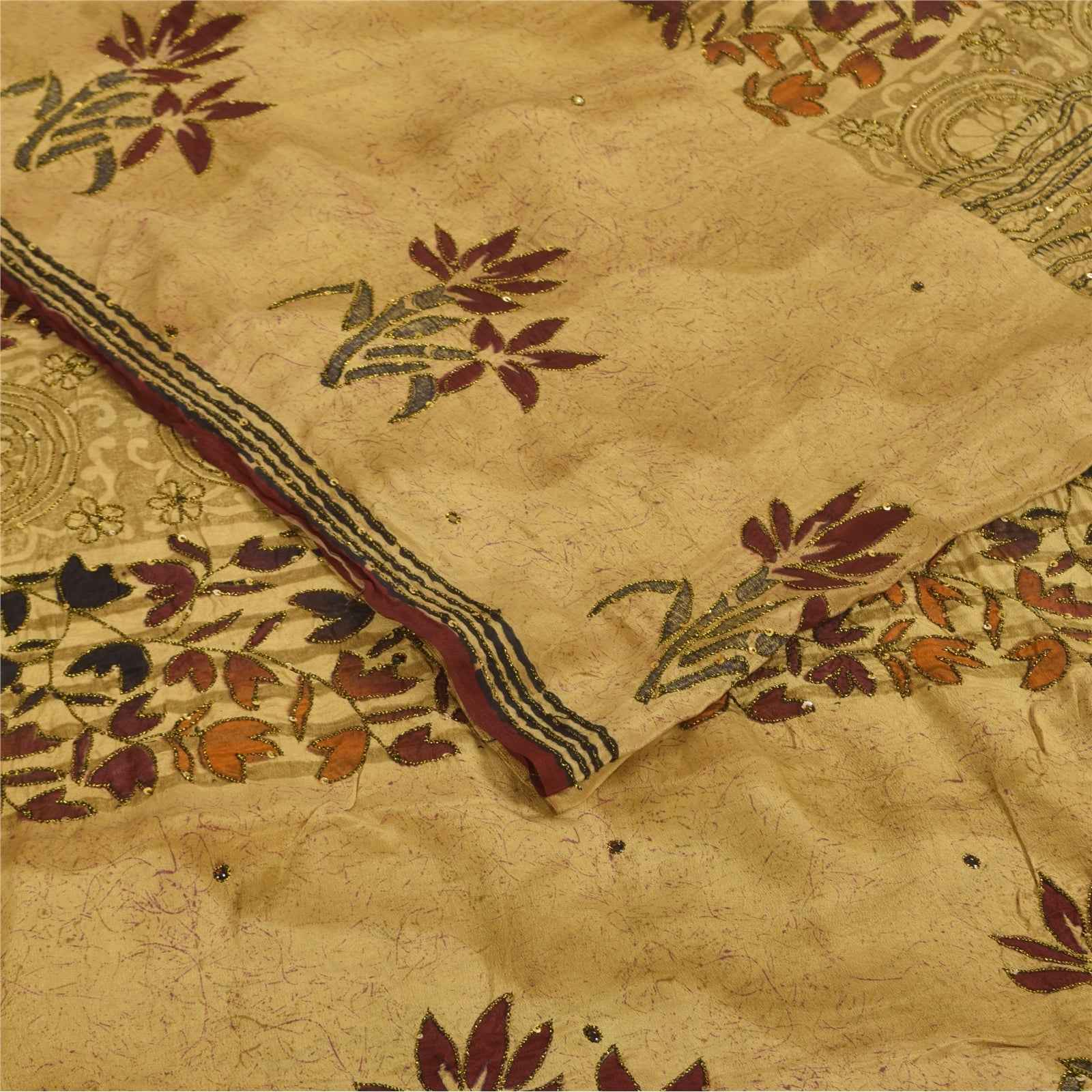 Sanskriti Vintage Sarees Beige Pure Crepe Silk Printed Sari 5+yd Craft Fabric