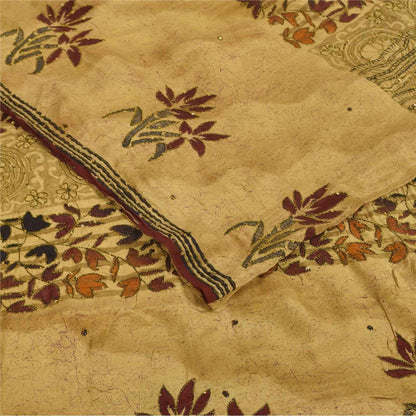 Sanskriti Vintage Sarees Beige Pure Crepe Silk Printed Sari 5+yd Craft Fabric