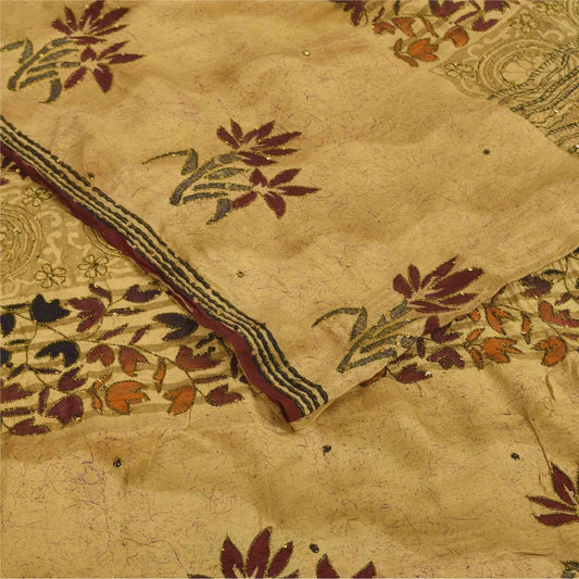 Sanskriti Vintage Sarees Beige Pure Crepe Silk Printed Sari 5+yd Craft Fabric