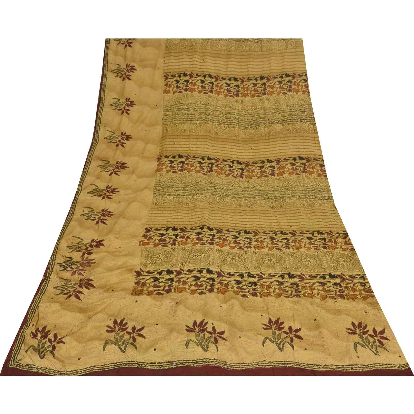 Sanskriti Vintage Sarees Beige Pure Crepe Silk Printed Sari 5+yd Craft Fabric
