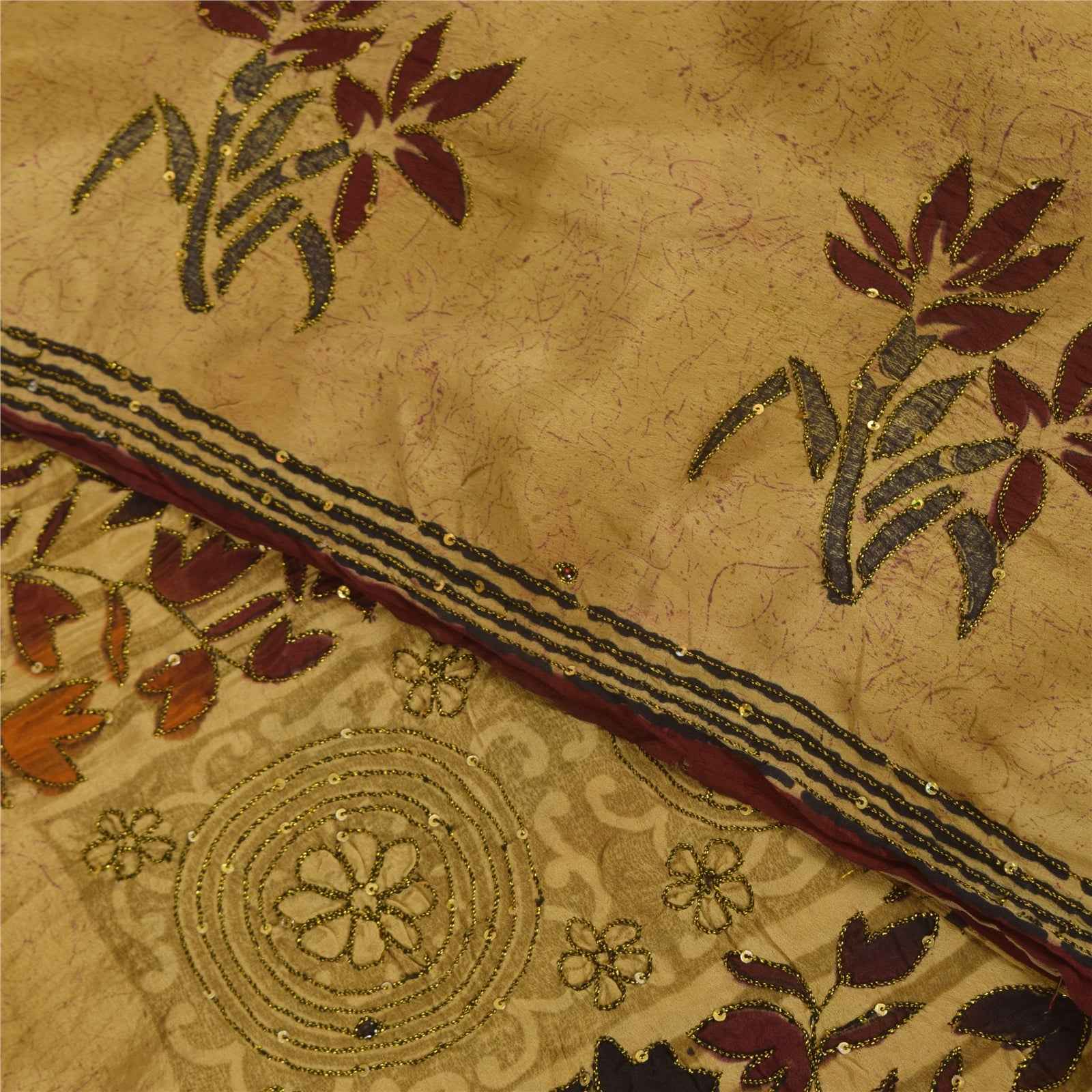 Sanskriti Vintage Sarees Beige Pure Crepe Silk Printed Sari 5+yd Craft Fabric