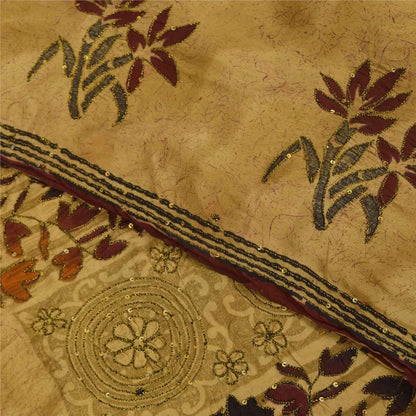 Sanskriti Vintage Sarees Beige Pure Crepe Silk Printed Sari 5+yd Craft Fabric