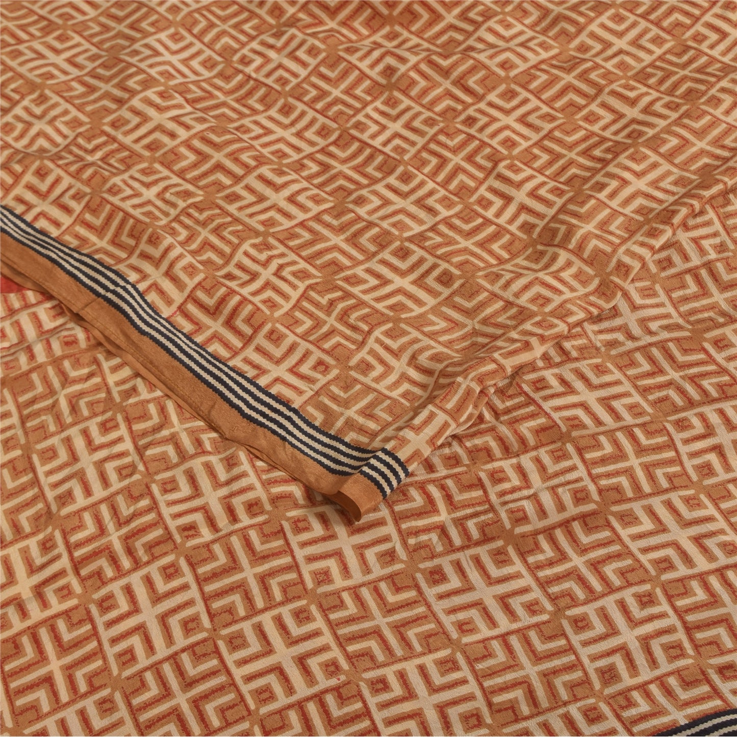 Sanskriti Vintage Sarees Orange Pure Crepe Silk Printed Sari 5+yd Craft Sustainable Fabric