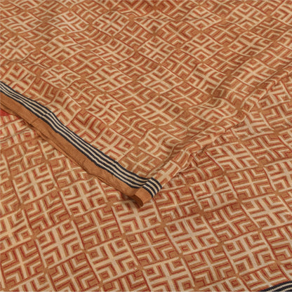 Sanskriti Vintage Sarees Orange Pure Crepe Silk Printed Sari 5+yd Craft Sustainable Fabric