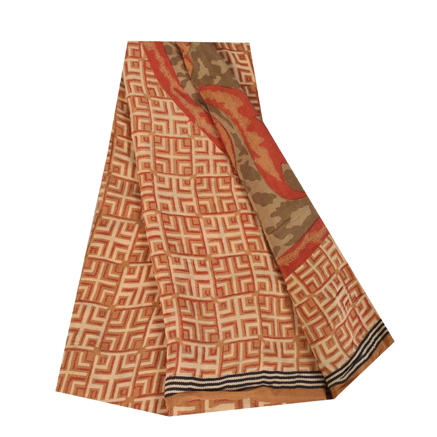 Sanskriti Vintage Sarees Orange Pure Crepe Silk Printed Sari 5+yd Craft Sustainable Fabric