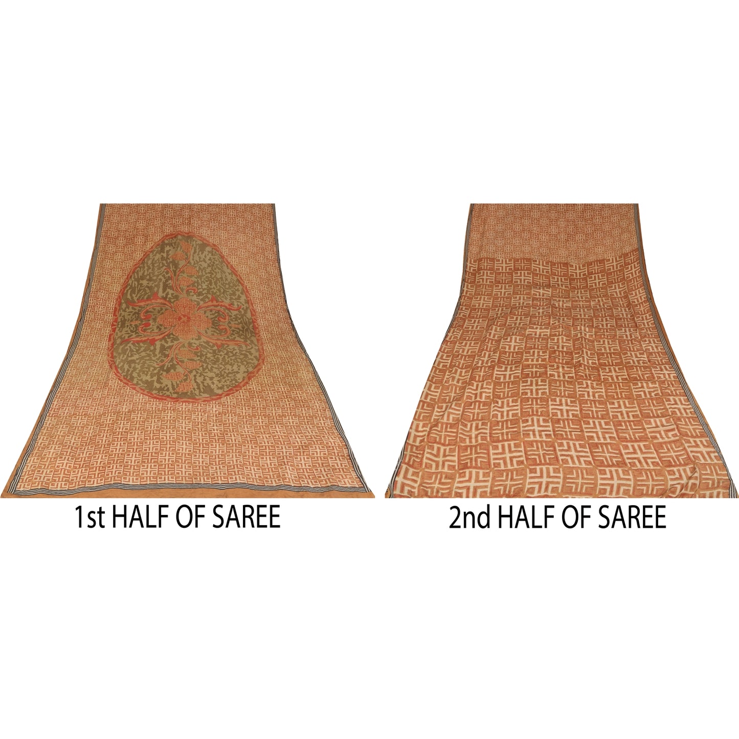 Sanskriti Vintage Sarees Orange Pure Crepe Silk Printed Sari 5+yd Craft Sustainable Fabric