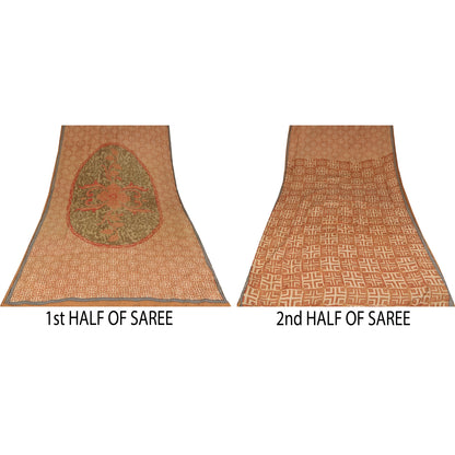 Sanskriti Vintage Sarees Orange Pure Crepe Silk Printed Sari 5+yd Craft Sustainable Fabric
