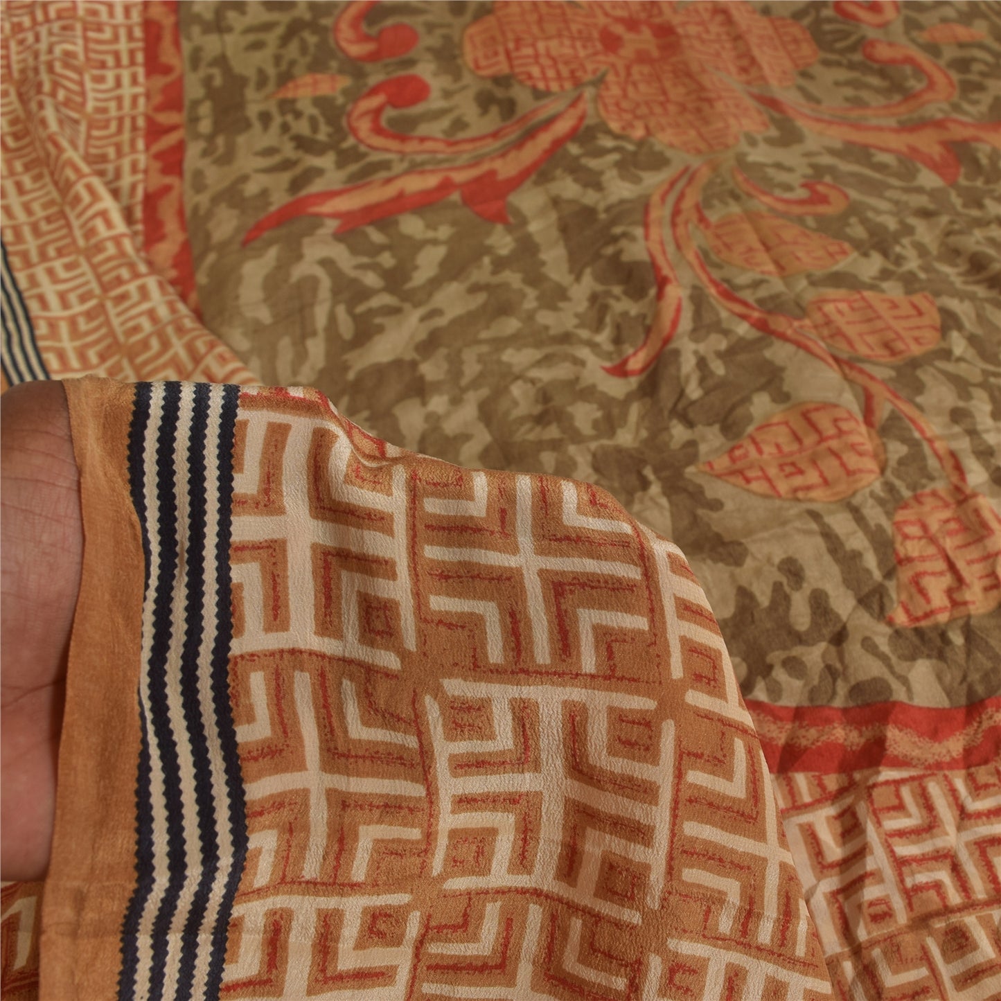 Sanskriti Vintage Sarees Orange Pure Crepe Silk Printed Sari 5+yd Craft Sustainable Fabric