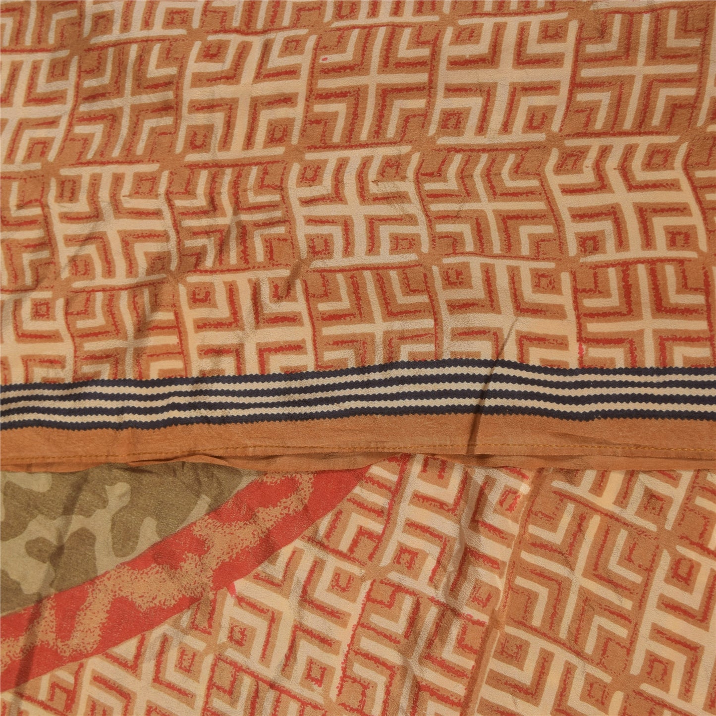 Sanskriti Vintage Sarees Orange Pure Crepe Silk Printed Sari 5+yd Craft Sustainable Fabric