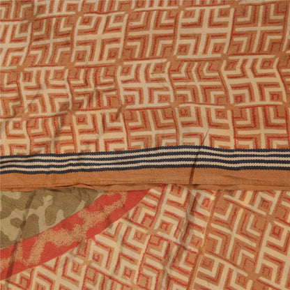 Sanskriti Vintage Sarees Orange Pure Crepe Silk Printed Sari 5+yd Craft Sustainable Fabric