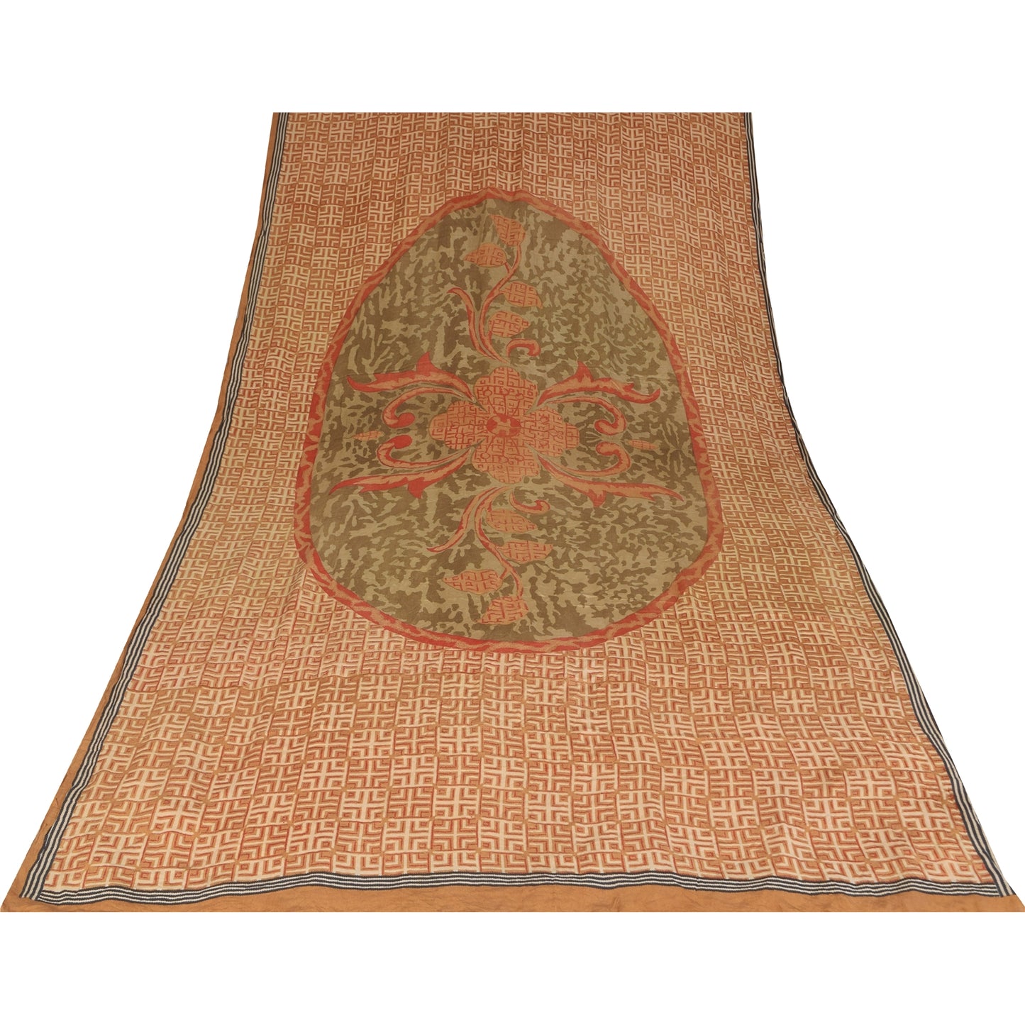 Sanskriti Vintage Sarees Orange Pure Crepe Silk Printed Sari 5+yd Craft Sustainable Fabric